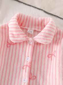 2pcs Baby Girl Soft Fluffy Pink Fleece Striped Bow & Heart Pattern Lapel Front Closure Long Sleeve Pants Pajama Set - Pink - View 5