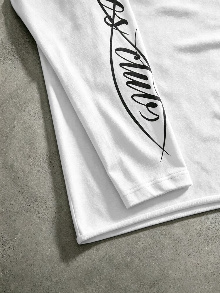 PAVTROS Men's Crew Neck Raglan Sleeve Handwritten English Print Loose Rolled Hem Design Long Sleeve T-Shirt, Casual Comfortable Versatile, Suitable For Outings, Commuting, Street Style, Home, Travel, Vacation, Daily Wear - White - View 4