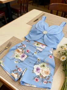 EMERY ROSE Casual Fashion 3D Floral Camisole And Shorts Set - Blue - View 5