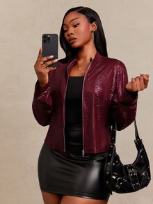 SHEIN SXY Red Snake Skin Jacquard PU Fitted Long Sleeve Cropped Zip-Up Jacket Winter - Red - View 6
