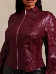 SHEIN SXY Red Snake Skin Jacquard PU Fitted Long Sleeve Cropped Zip-Up Jacket Winter - Red - View 8
