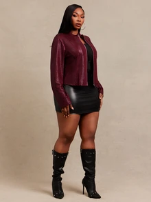 SHEIN SXY Red Snake Skin Jacquard PU Fitted Long Sleeve Cropped Zip-Up Jacket Winter - Red - View 4