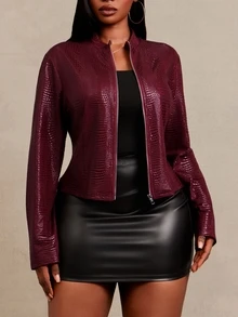 SHEIN SXY Red Snake Skin Jacquard PU Fitted Long Sleeve Cropped Zip-Up Jacket Winter - Red - View 1