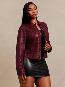 SHEIN SXY Red Snake Skin Jacquard PU Fitted Long Sleeve Cropped Zip-Up Jacket Winter - Red - View 3