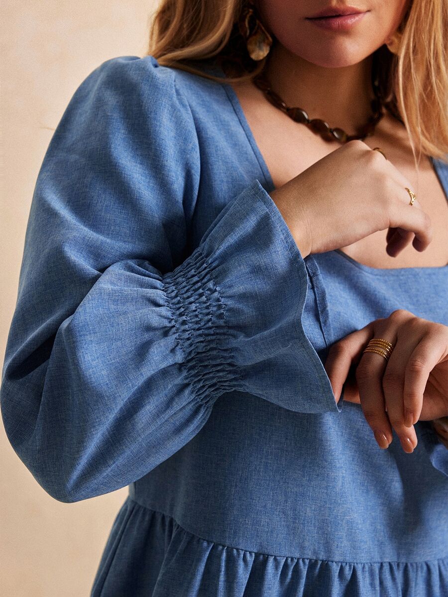 Écloséra Curve Plus Size Women's French Casual 1960s Traditional Gentle Style Square Neck Dress Ruffle Cuffs Elastic Two-Tone Fabric Brunch Light Blue Autumn Fall - Blue - View 1