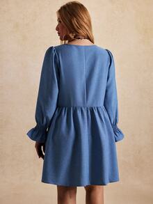 Écloséra Curve Plus Size Women's French Casual 1960s Traditional Gentle Style Square Neck Dress Ruffle Cuffs Elastic Two-Tone Fabric Brunch Light Blue Autumn Fall - Blue - View 2