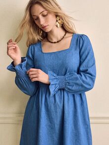 Écloséra Curve Plus Size Women's French Casual 1960s Traditional Gentle Style Square Neck Dress Ruffle Cuffs Elastic Two-Tone Fabric Brunch Light Blue Autumn Fall - Blue - View 5