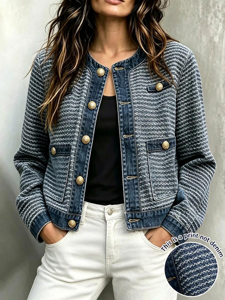 LUMIGAL Women's Metal Button Single-Breasted Casual Jacket - Blue - View 1