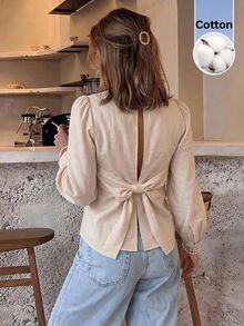 Serisse Women's Casual Versatile Solid Color Bowknot Decor Blouse - Apricot - View 1