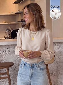 Serisse Women's Casual Versatile Solid Color Bowknot Decor Blouse - Apricot - View 2