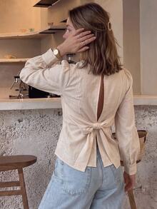 Serisse Women's Casual Versatile Solid Color Bowknot Decor Blouse - Apricot - View 8