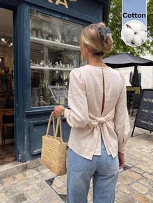 Serisse Women's Casual Versatile Solid Color Bowknot Decor Blouse - Apricot - View 6