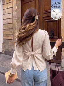 Serisse Women's Casual Versatile Solid Color Bowknot Decor Blouse - Apricot - View 3