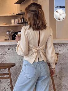 Serisse Women's Casual Versatile Solid Color Bowknot Decor Blouse - Apricot - View 7