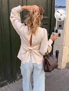 Serisse Women's Casual Versatile Solid Color Bowknot Decor Blouse - Apricot - View 4