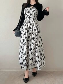 FRIFUL Women's Vintage Pastoral Floral Print 2 In 1 Dress Fall - Black - View 8