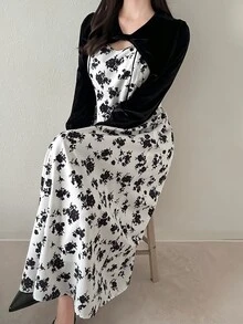 FRIFUL Women's Vintage Pastoral Floral Print 2 In 1 Dress Fall - Black - View 5