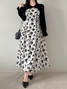 FRIFUL Women's Vintage Pastoral Floral Print 2 In 1 Dress Fall - Black - View 9