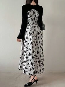 FRIFUL Women's Vintage Pastoral Floral Print 2 In 1 Dress Fall - Black - View 6