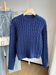 SHEIN 青少年女孩白色粗繩編織V領長袖針織套衫，適合搭配夾克、牛仔褲、裙子 - 藏蓝色 - 查看 3