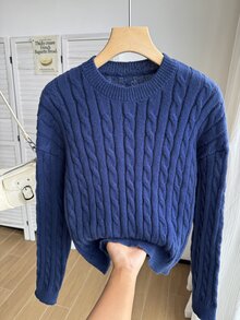 SHEIN 青少年女孩白色粗繩編織V領長袖針織套衫，適合搭配夾克、牛仔褲、裙子 - 藏蓝色 - 查看 8