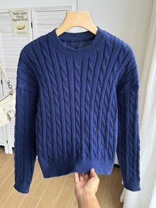 SHEIN 青少年女孩白色粗繩編織V領長袖針織套衫，適合搭配夾克、牛仔褲、裙子 - 藏蓝色 - 查看 4
