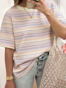EMERY ROSE Women's Casual Striped Short-Sleeved T-Shirt, Loose Round Neck Design, Machine Washable, Suitable For All Seasons, Comfortable And Cute, Retro Style. - Pink - View 5