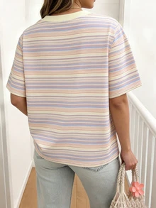 EMERY ROSE Women's Casual Striped Short-Sleeved T-Shirt, Loose Round Neck Design, Machine Washable, Suitable For All Seasons, Comfortable And Cute, Retro Style. - Pink - View 2
