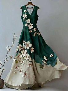 EMERY ROSE 女士印花V领褶皱腰身优雅长款派对连衣裙 - 綠色 - 查看 4