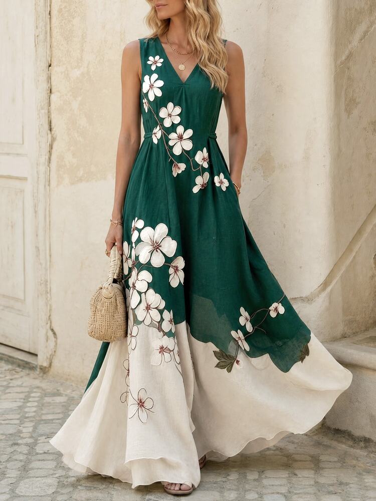 EMERY ROSE Women's Floral Print V-Neck Ruched Waist Elegant Long Party Dress - Green - View 3