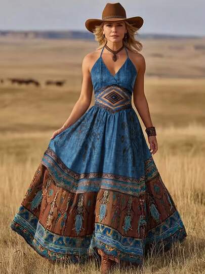 EMERY ROSE Women's Retro Bohemian Printed Sleeveless Dress, Vacation And Western Print Dress