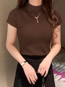 EMERY ROSE Turtleneck Slim Fit Short Sleeve Minimalist Casual Top, Everyday Wear - Coffee Brown - View 4