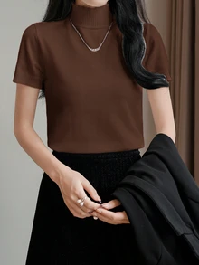 EMERY ROSE Turtleneck Slim Fit Short Sleeve Minimalist Casual Top, Everyday Wear - Coffee Brown - View 6