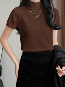EMERY ROSE Turtleneck Slim Fit Short Sleeve Minimalist Casual Top, Everyday Wear - Coffee Brown - View 5