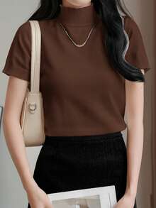 EMERY ROSE Turtleneck Slim Fit Short Sleeve Minimalist Casual Top, Everyday Wear - Coffee Brown - View 8