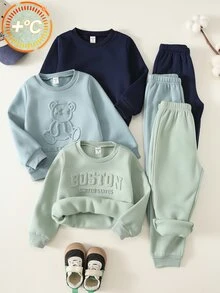 SHEIN 6件組兒童小男孩秋冬休閒圓領長袖套頭運動衫與運動長褲套裝，基礎運動衫與運動長褲多件套裝，秋冬套裝，運動套裝，男孩套裝 - 彩色 - 查看 7