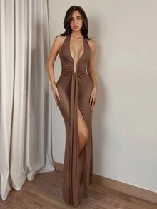 SHEIN Glamour 淺藍色V領魚骨網紗長洋裝，高端優雅女裝，音樂節嘉年華穿搭，街頭風，女性生日穿搭，必備派對單品，婚宴禮服，夏季度假，聚會與節慶嘉年華穿搭，時尚花卉元素，女性復活節洋裝 - 咖啡棕 - 查看 5