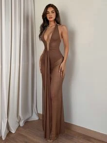 SHEIN Glamour 淺藍色V領魚骨網紗長洋裝，高端優雅女裝，音樂節嘉年華穿搭，街頭風，女性生日穿搭，必備派對單品，婚宴禮服，夏季度假，聚會與節慶嘉年華穿搭，時尚花卉元素，女性復活節洋裝 - 咖啡棕 - 查看 4