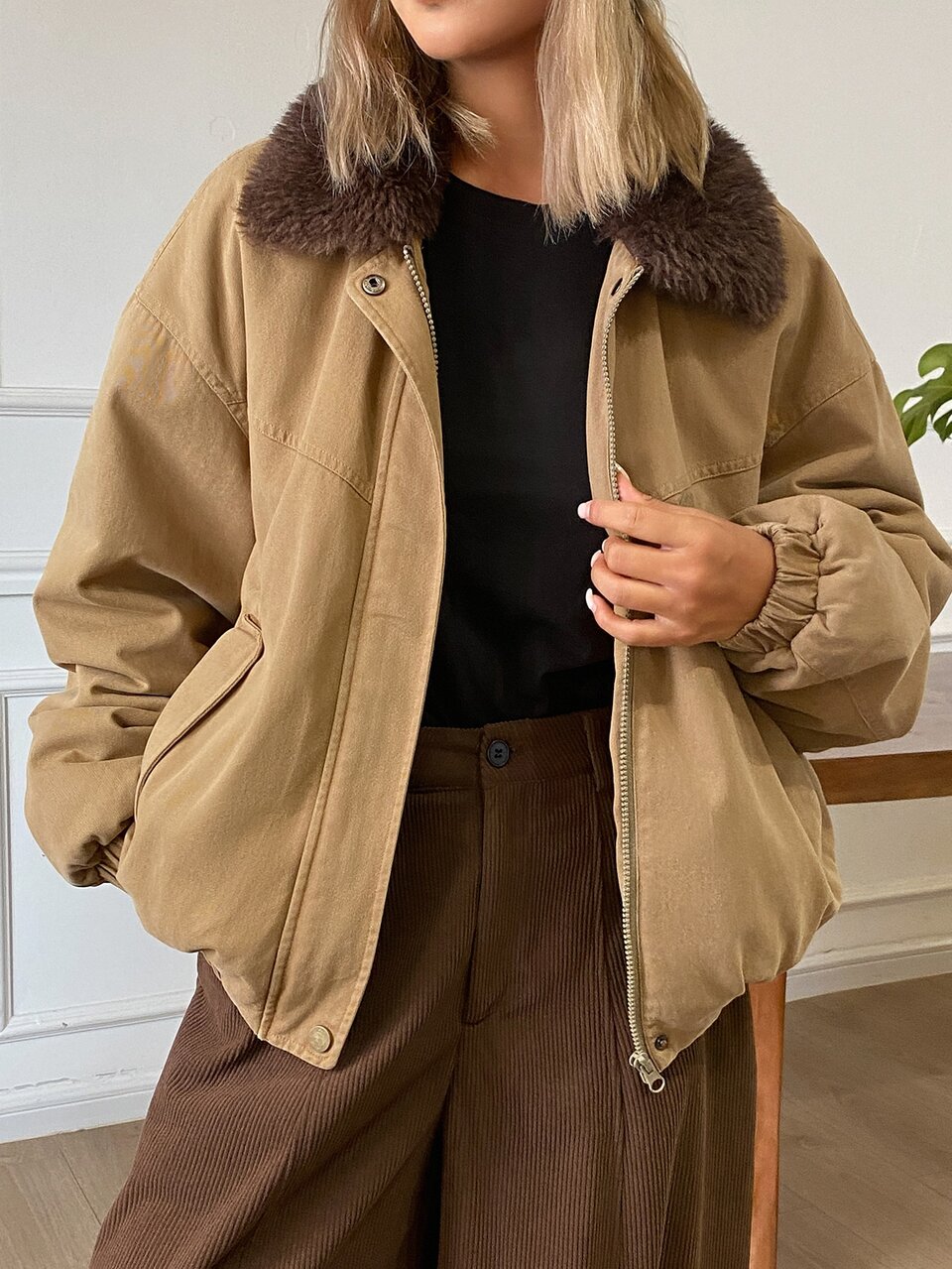 Women's Loose Fit Denim Padded Coat With Fur Collar Fall Jacket