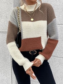 EMERY ROSE Color Block Drop Shoulder Sweater,Long Sleeve Tops Knit Pullover Fall Winter Sweater - Multicolor - View 8
