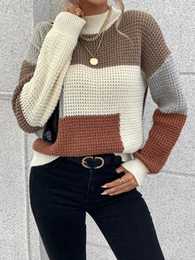 EMERY ROSE Color Block Drop Shoulder Sweater,Long Sleeve Tops Knit Pullover Fall Winter Sweater - Multicolor - View 7