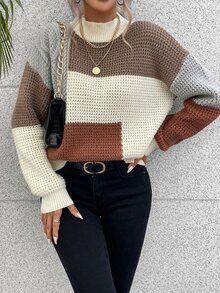 EMERY ROSE Color Block Drop Shoulder Sweater,Long Sleeve Tops Knit Pullover Fall Winter Sweater - Multicolor - View 5