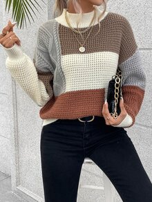 EMERY ROSE Color Block Drop Shoulder Sweater,Long Sleeve Tops Knit Pullover Fall Winter Sweater - Multicolor - View 3