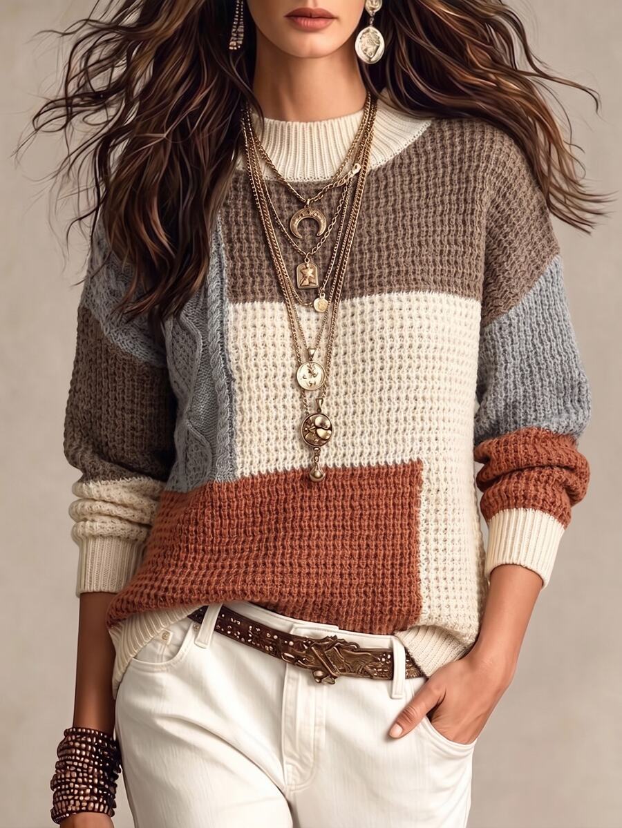 EMERY ROSE Color Block Drop Shoulder Sweater,Long Sleeve Tops Knit Pullover Fall Winter Sweater