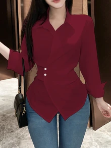 EMERY ROSE 1pc Women Casual Solid Color Cinched Waist Wrap Shirt, Autumn,Long Sleeve Tops Fall Cloth For Women - Burgundy - View 5