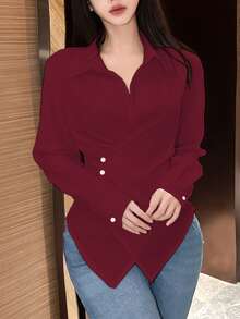 EMERY ROSE 1pc Women Casual Solid Color Cinched Waist Wrap Shirt, Autumn,Long Sleeve Tops Fall Cloth For Women - Burgundy - View 6