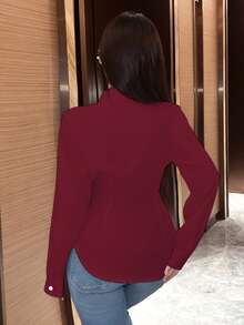 EMERY ROSE 1pc Women Casual Solid Color Cinched Waist Wrap Shirt, Autumn,Long Sleeve Tops Fall Cloth For Women - Burgundy - View 2