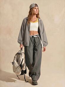 Exploreva Exploreva Contrast Color Trim Zipper Casual Loose Fit Long Sleeve Sports Jacket - Grey - View 4
