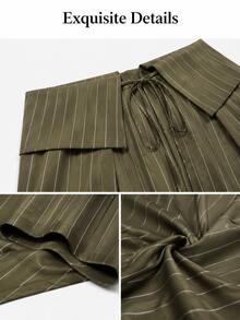 SOLERSUN Plus-Size Streetwear-Style Retro Striped Wide-Leg Trousers With Deconstructed Fold-Over Waistband - Army Green - View 8