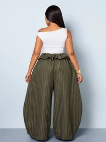SOLERSUN Plus-Size Streetwear-Style Retro Striped Wide-Leg Trousers With Deconstructed Fold-Over Waistband - Army Green - View 7